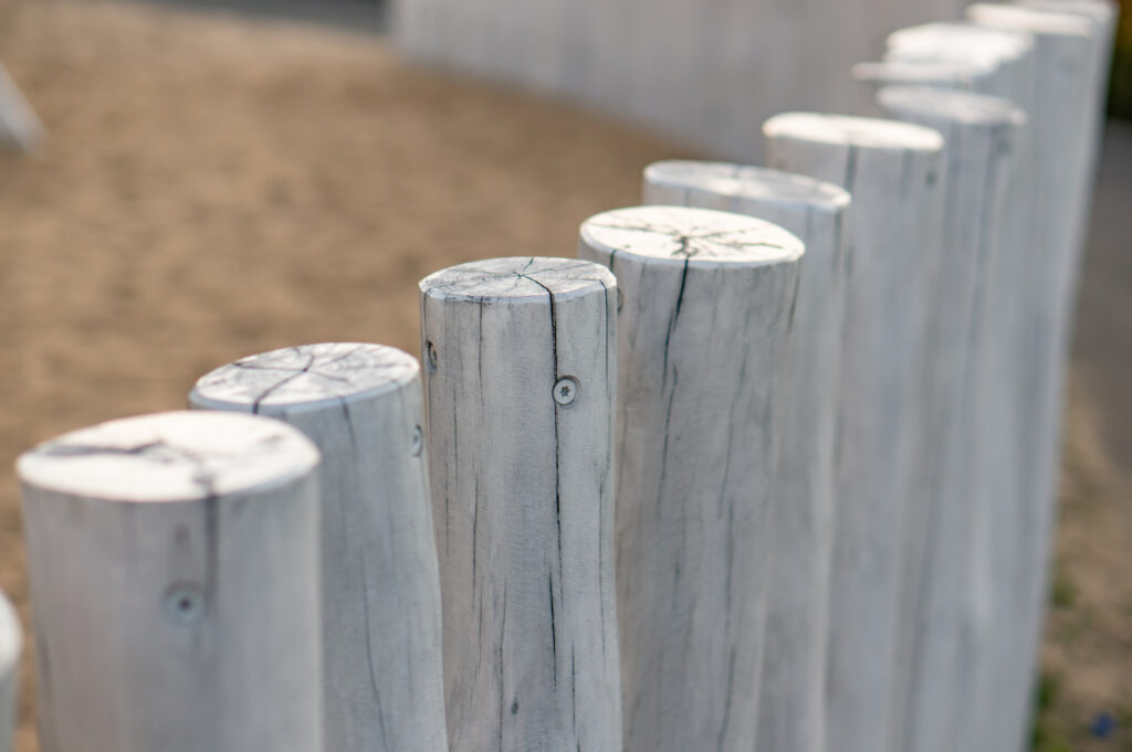 row-white-wooden-poles-park